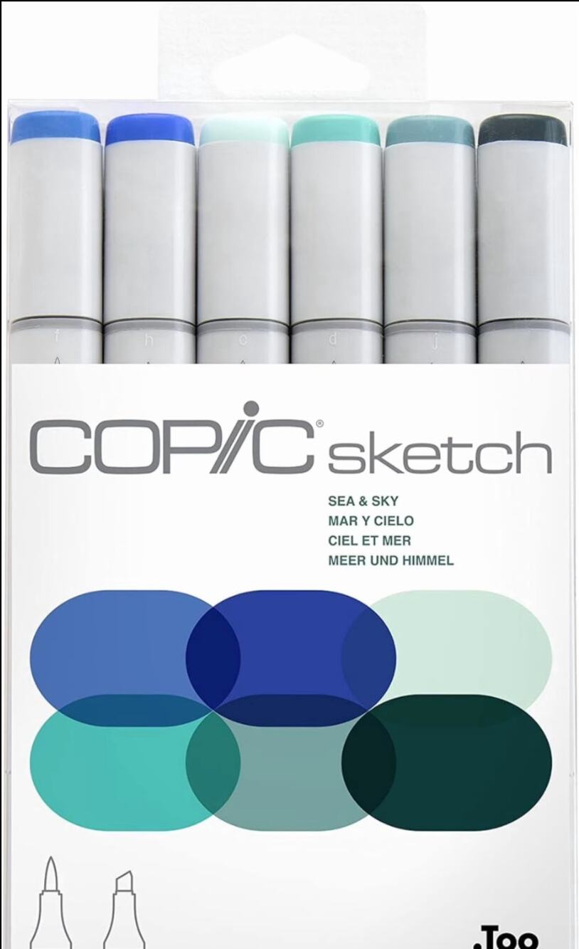 Copic Sketch Sea & Sky 6pc Alcohol Markers Brush Chisel Dual Tip NEW